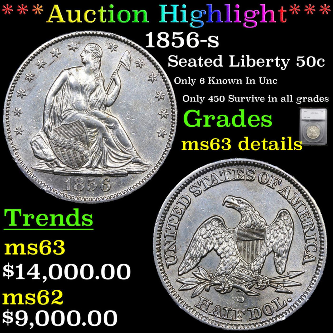 ***Auction Highlight*** 1856-s Seated Half Dollar 50c Graded ms63 details By SEGS (fc)