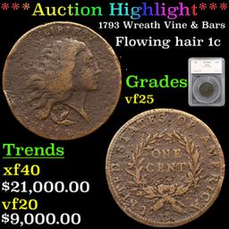 ***Auction Highlight*** 1793 Wreath Vine & Bars Flowing Hair large cent 1c Graded vf25 By SEGS (fc)