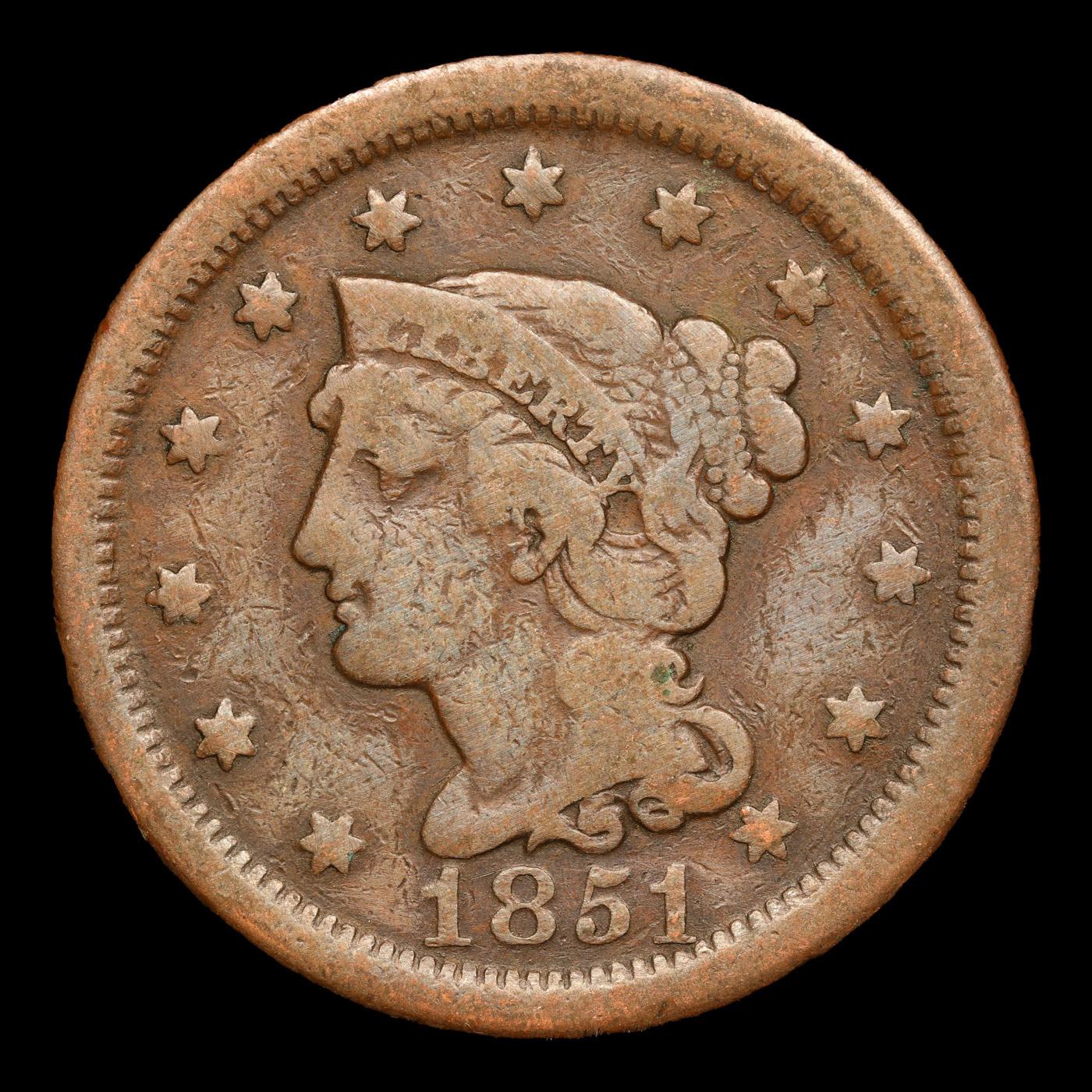 1851 Braided Hair Large Cent 1c Grades vf+