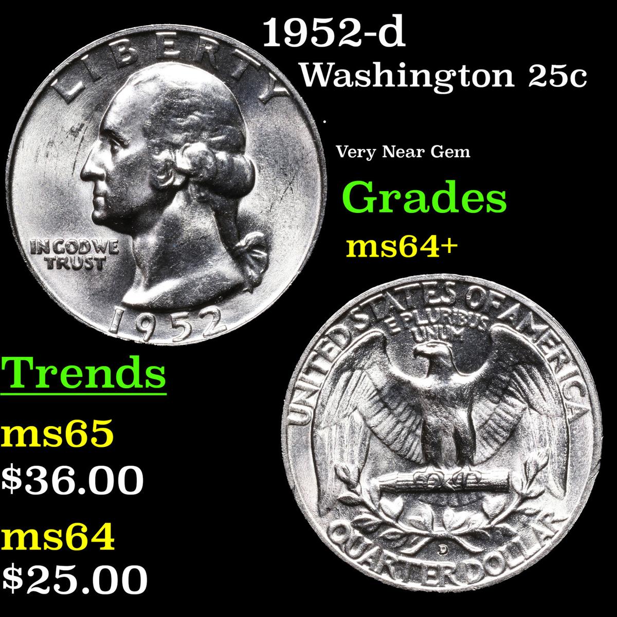 1952-d Washington Quarter 25c Grades Choice+ Unc