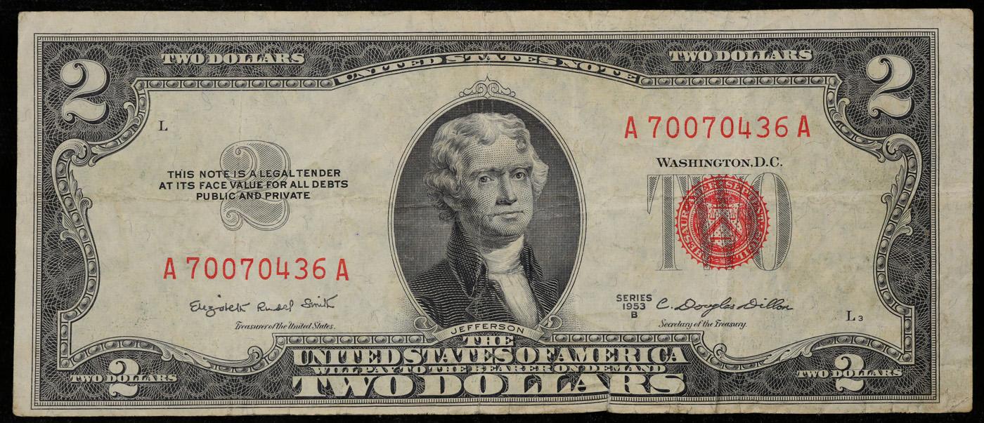 1953B $2 Red Seal United States Note Fr-1511 Grades vf+