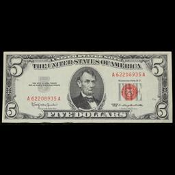 1963 $5 Red seal United States Note Grades Choice AU/BU Slider