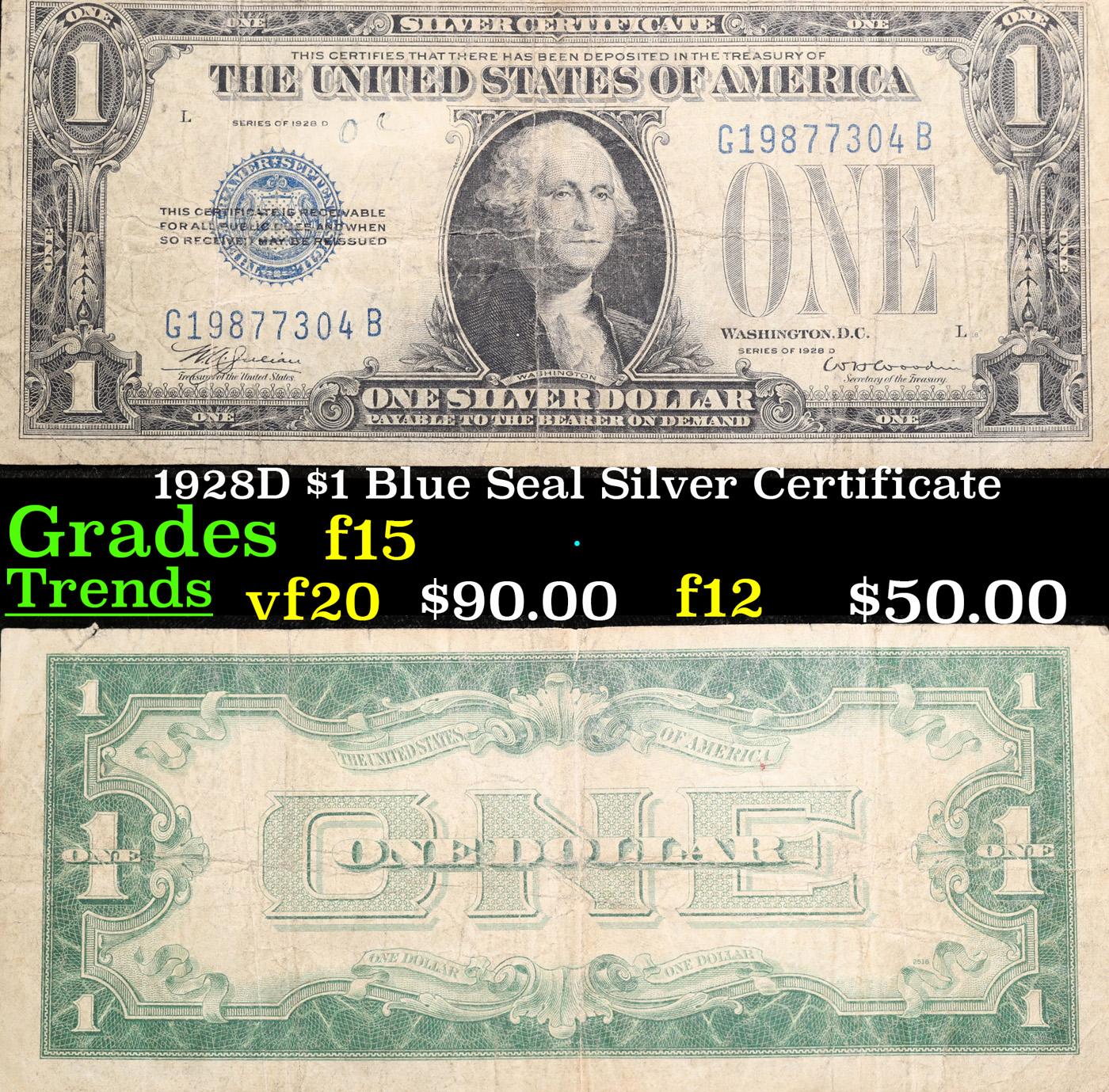 1928D $1 Blue Seal Silver Certificate Grades f+