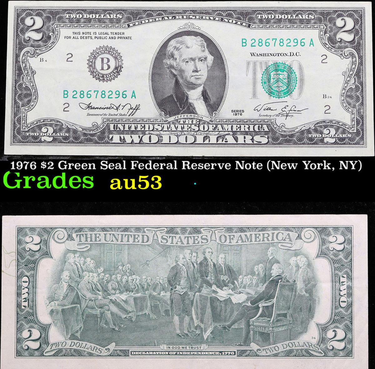 1976 $2 Green Seal Federal Reserve Note (New York, NY) Grades Select AU