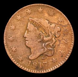 1817 13 Stars Coronet Head Large Cent 1c Grades VF Details