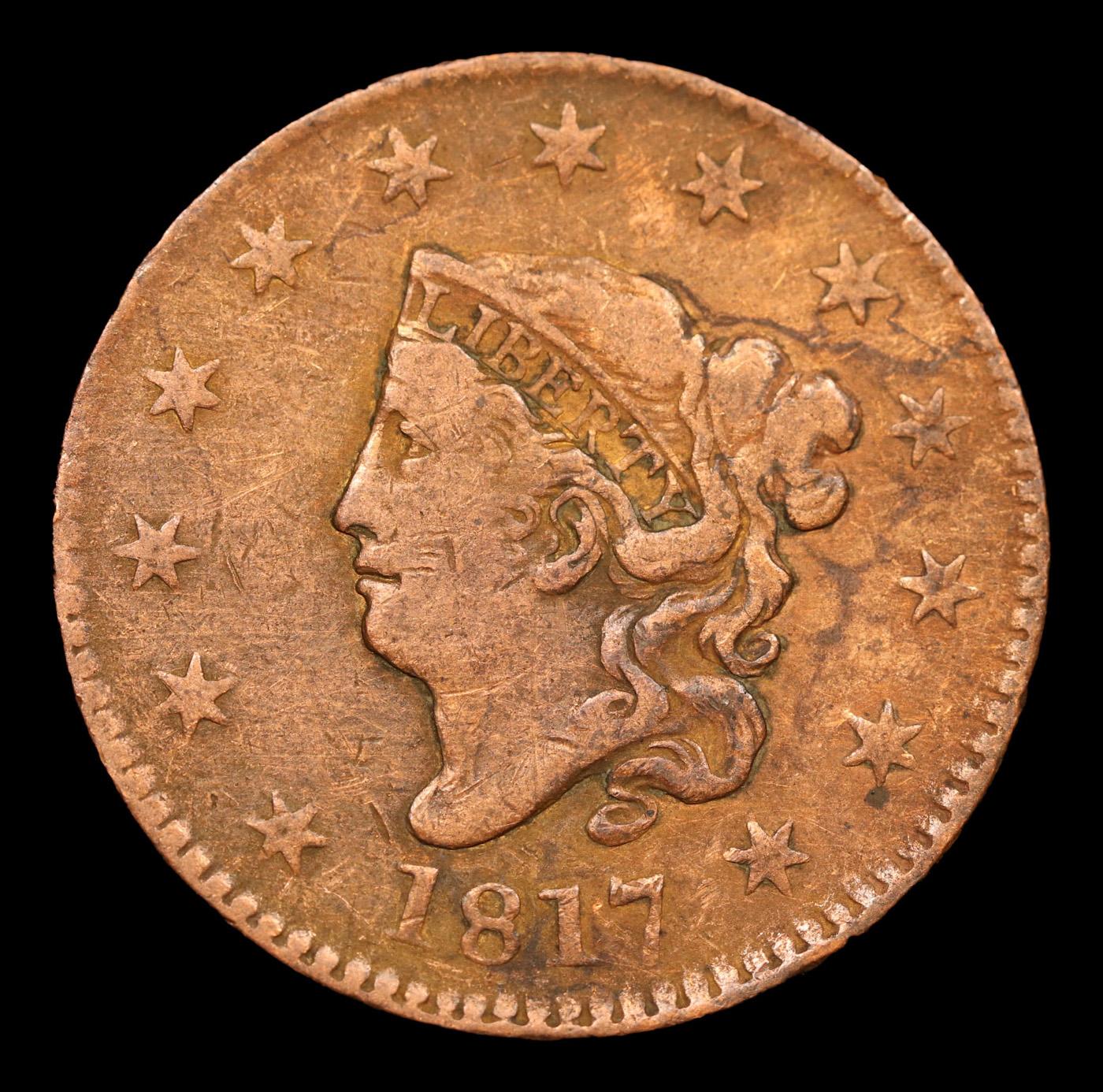 1817 13 Stars Coronet Head Large Cent 1c Grades VF Details