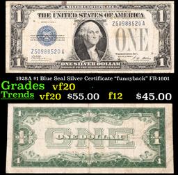 1928A $1 Blue Seal Silver Certificate "funnyback" FR-1601 Grades vf, very fine