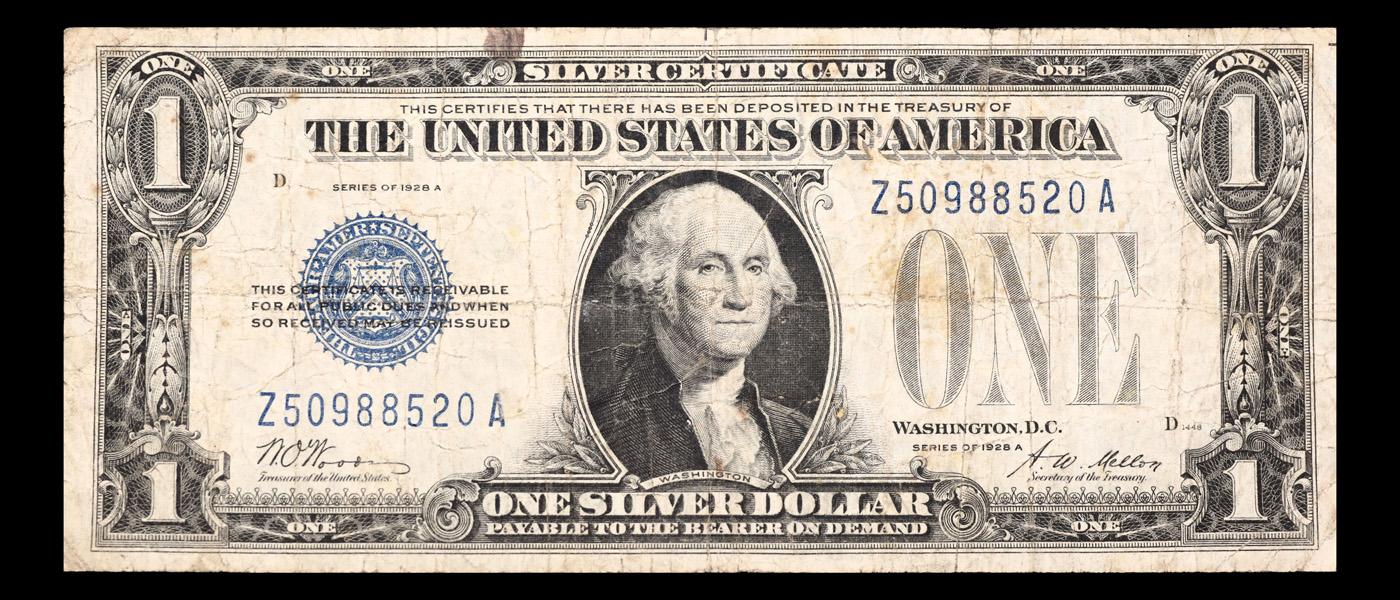 1928A $1 Blue Seal Silver Certificate "funnyback" FR-1601 Grades vf, very fine