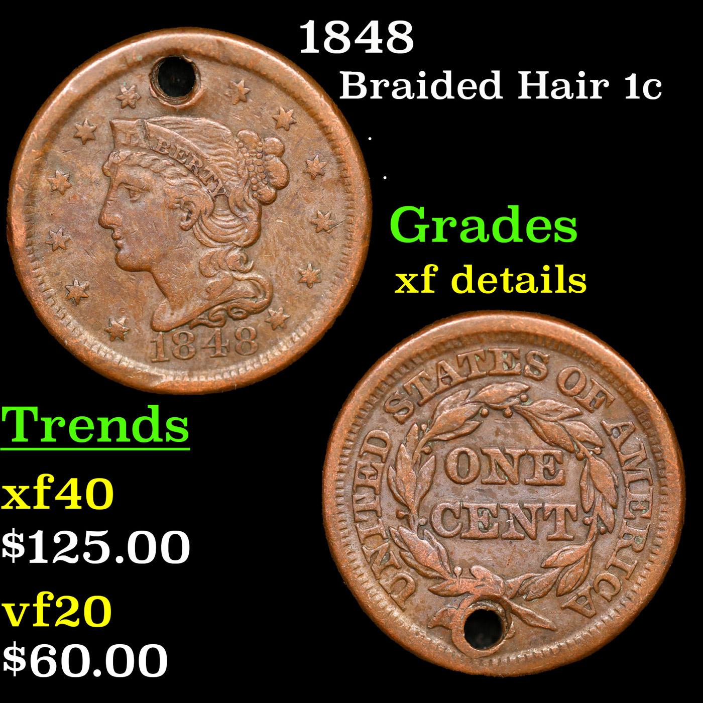 1848 Braided Hair Large Cent 1c Grades xf details