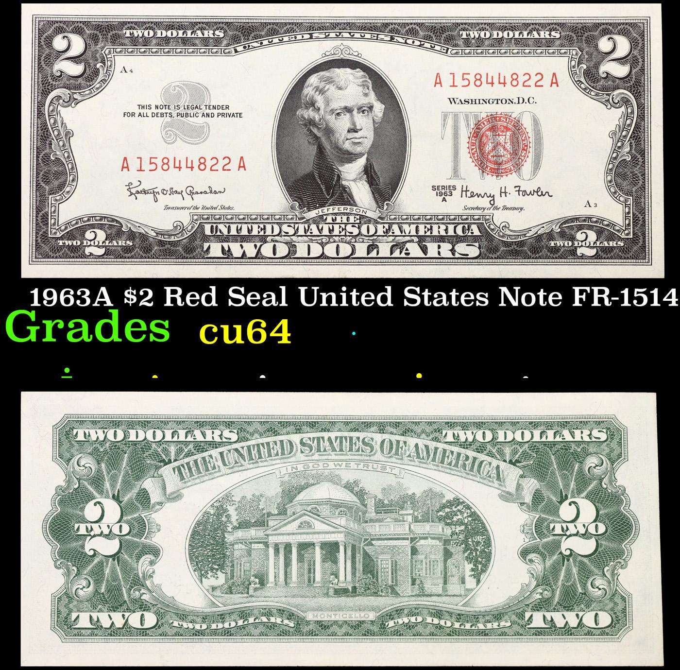 1963A $2 Red Seal United States Note FR-1514 Grades Choice CU