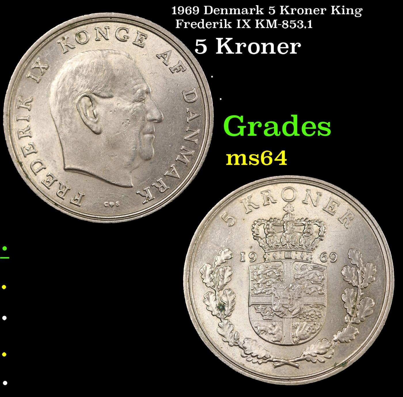 1969 Denmark 5 Kroner King Frederik IX KM-853.1 Grades Choice Unc