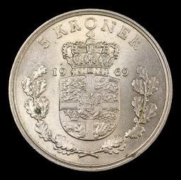 1969 Denmark 5 Kroner King Frederik IX KM-853.1 Grades Choice Unc