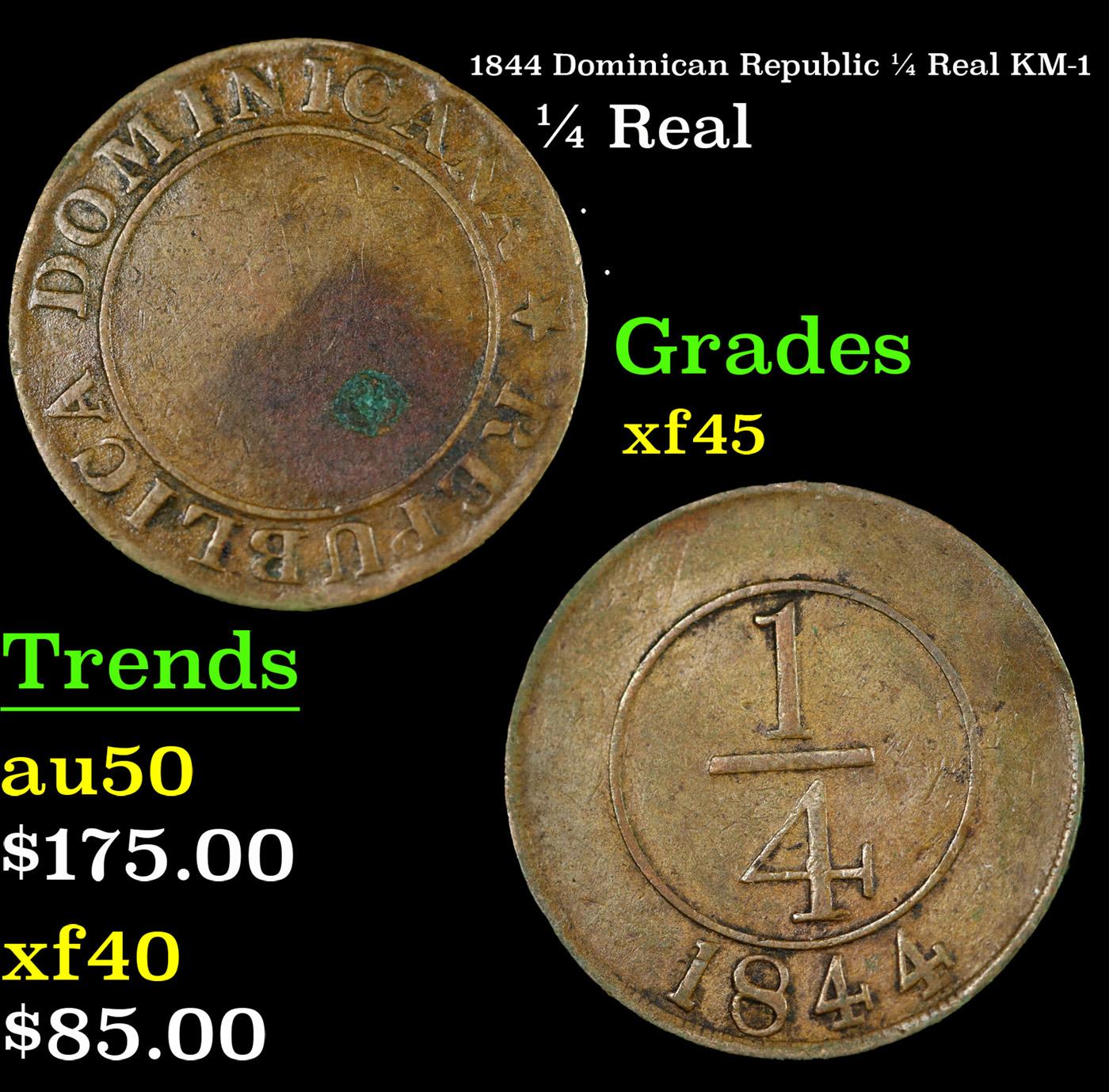 1844 Dominican Republic 1/4 Real KM-1 Grades xf+