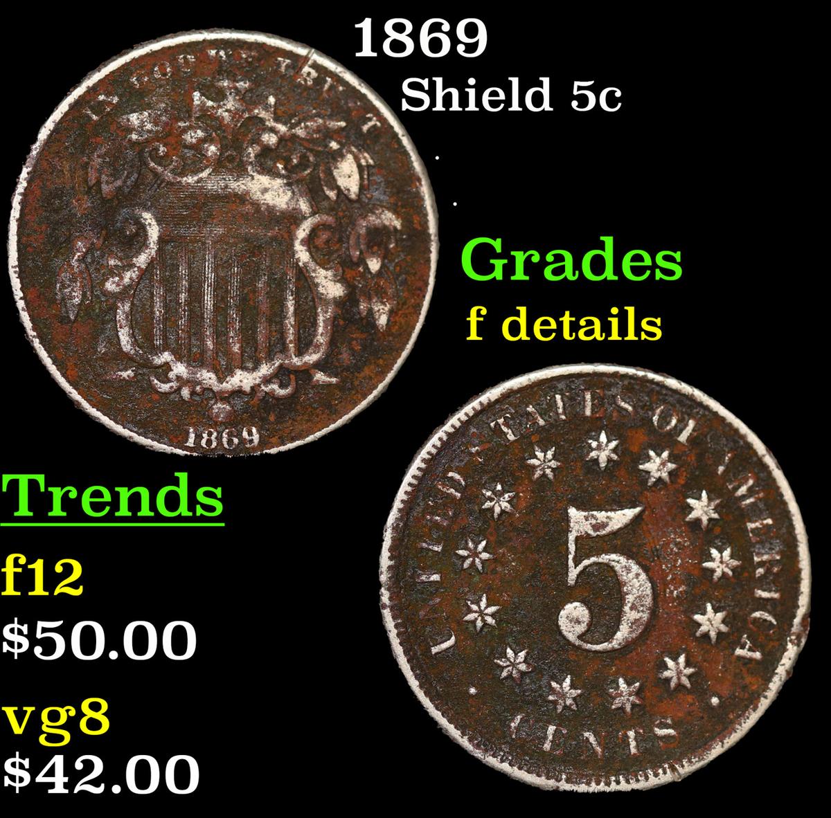 1869 Shield Nickel 5c Grades f details