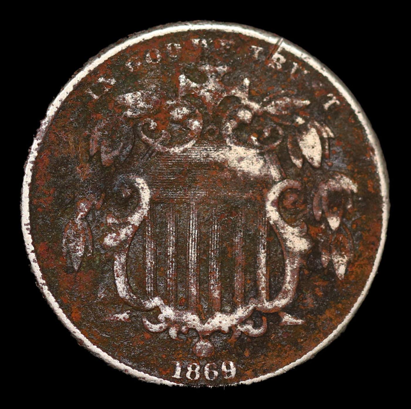 1869 Shield Nickel 5c Grades f details