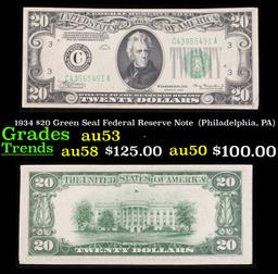 1934 $20 Green Seal Federal Reserve Note  (Philadelphia, PA) Grades Select AU