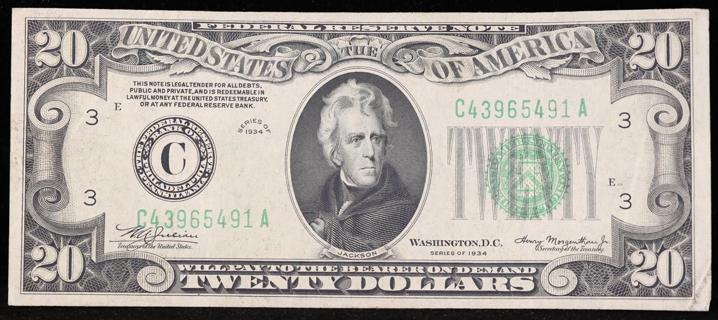 1934 $20 Green Seal Federal Reserve Note  (Philadelphia, PA) Grades Select AU