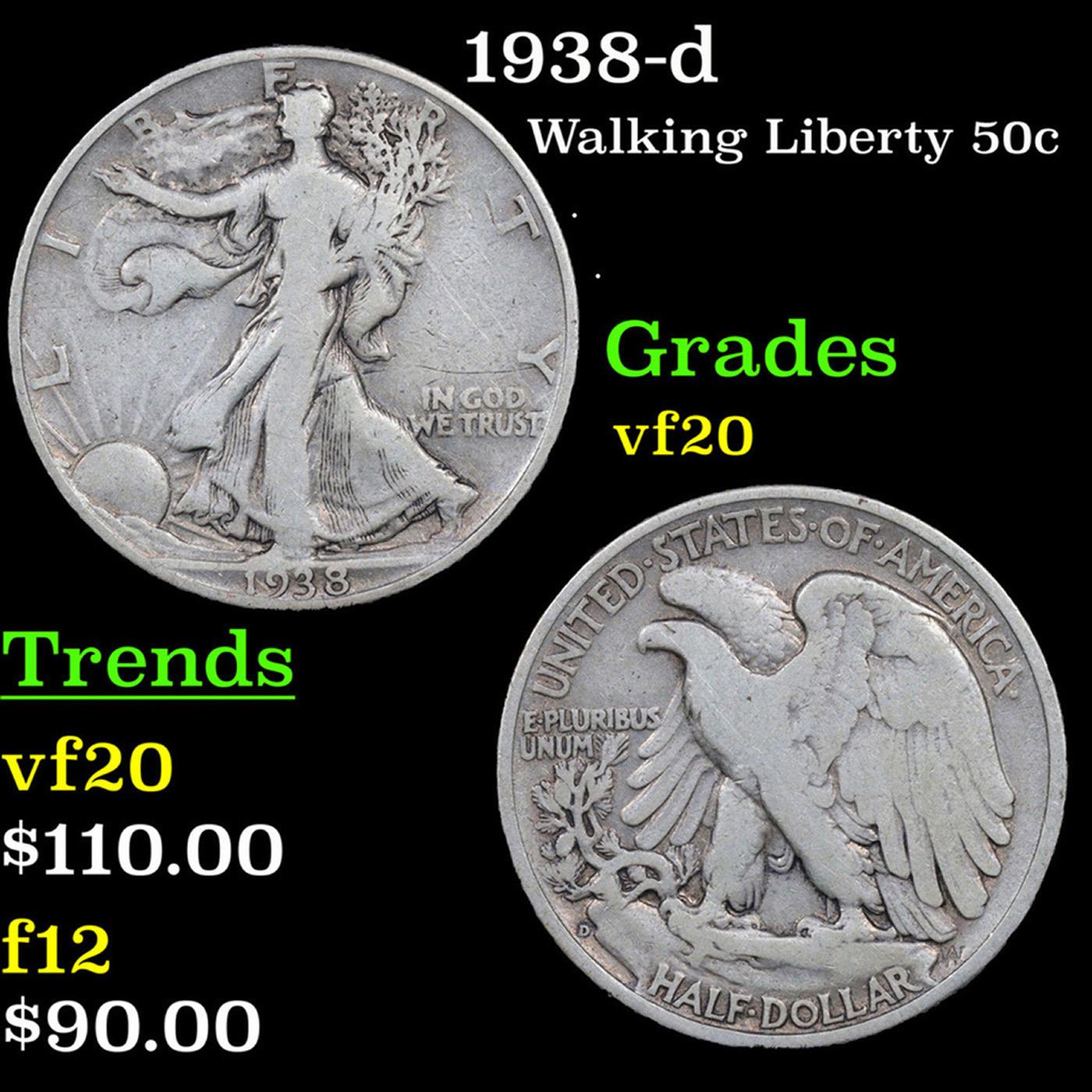 1938-d Walking Liberty Half Dollar 50c Grades vf, very fine