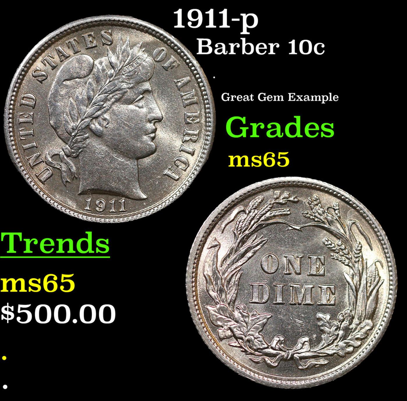 1911-p Barber Dime 10c Grades GEM Unc