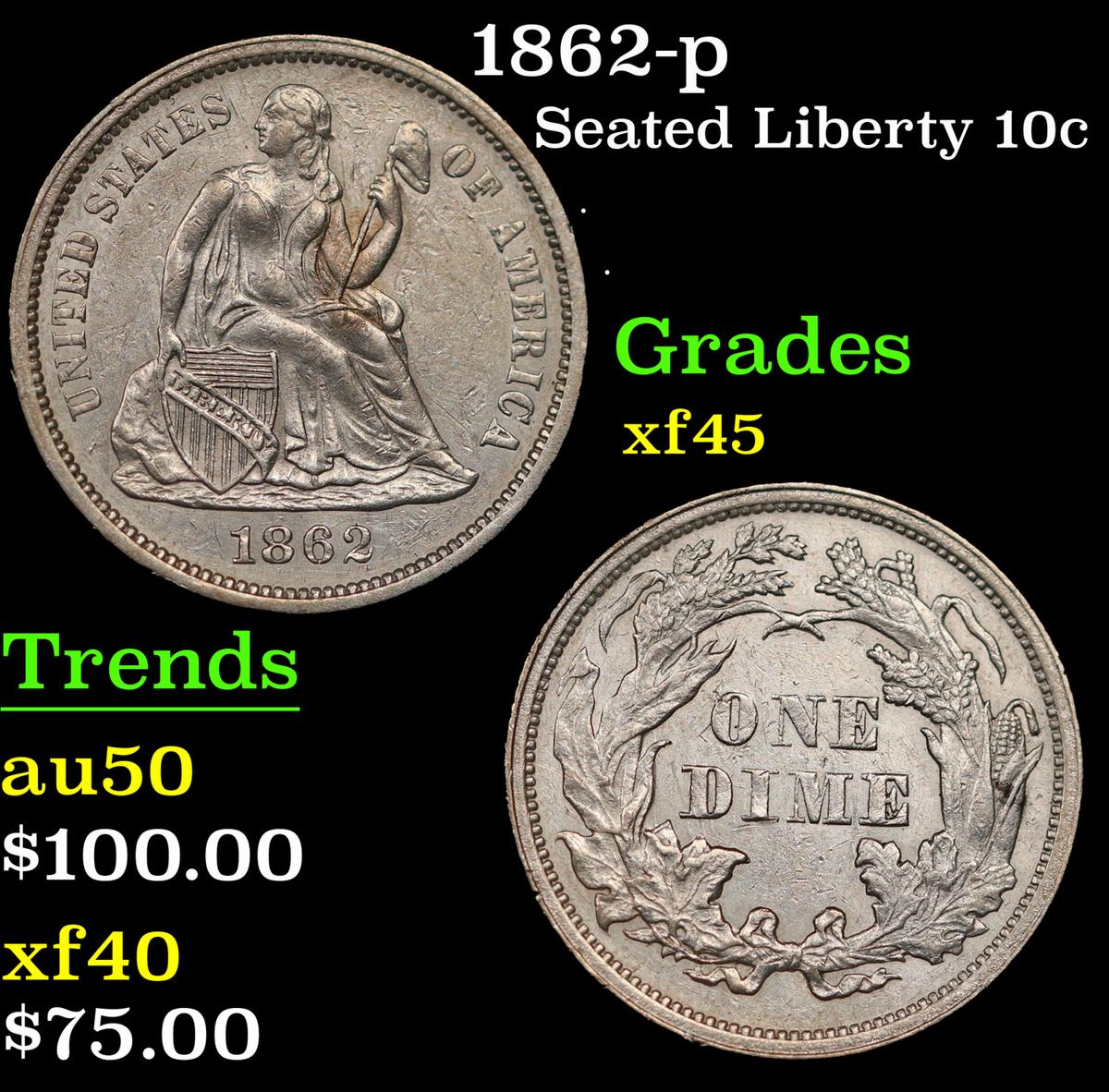 1862-p Seated Liberty Dime 10c Grades xf+