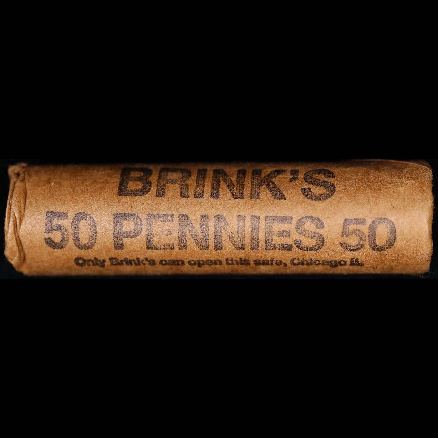 Mixed small cents 1c orig shotgun roll, 1917-s Wheat Cent, 1883 Indian Cent other end, Brinks Wrappe