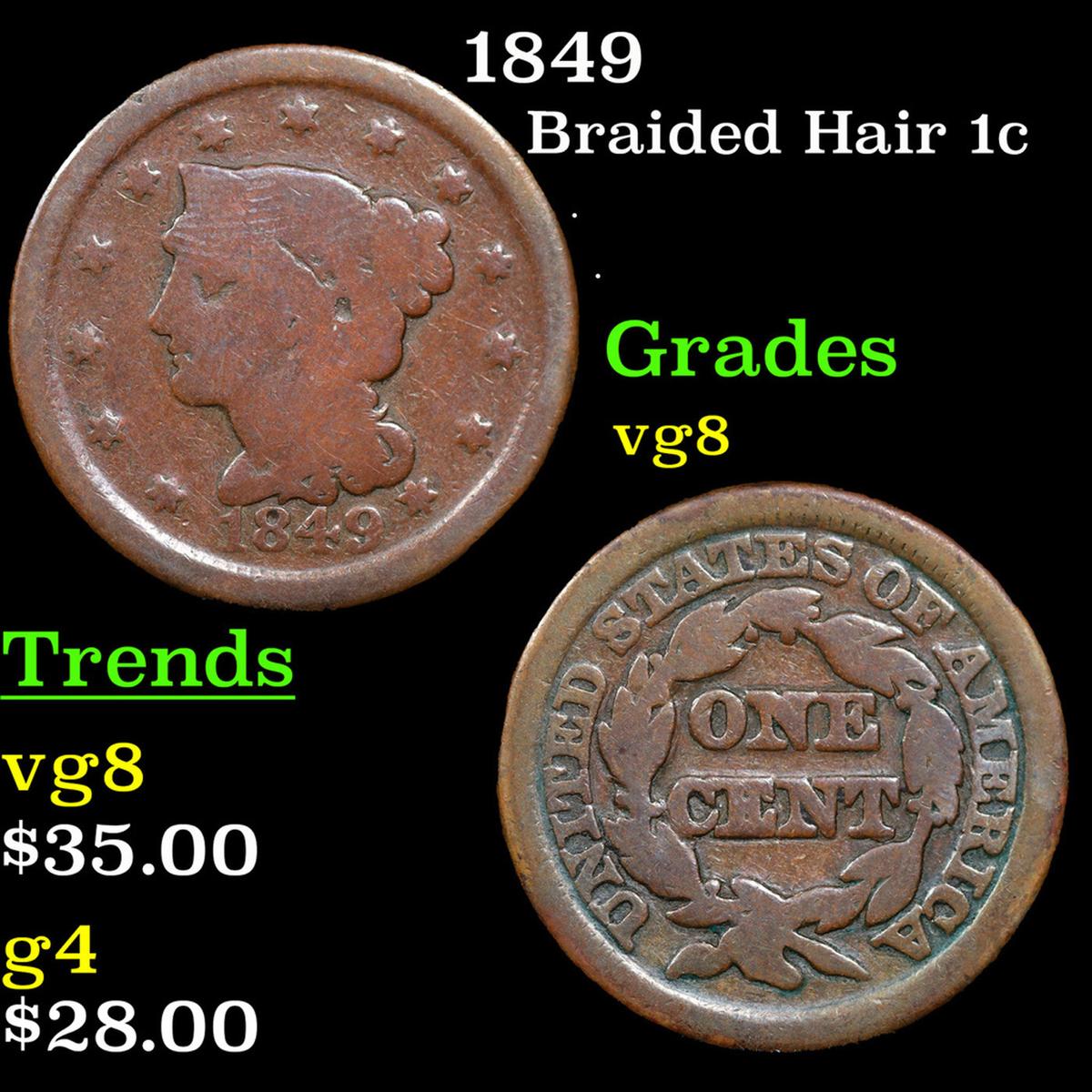 1849 Braided Hair Large Cent 1c Grades vg, very good