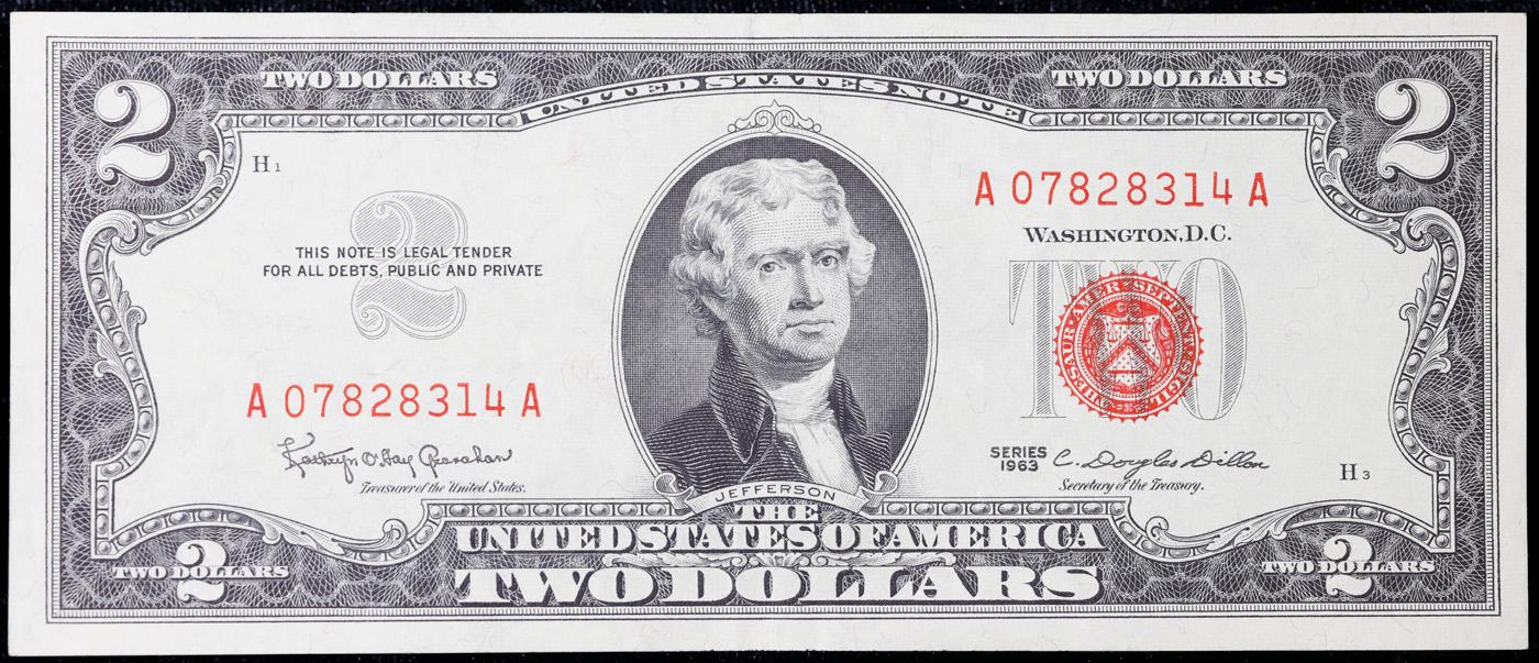 1963 $2 Red Seal Legal Tender Note Grades Choice AU