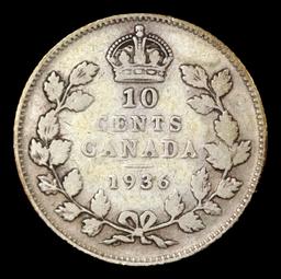 1936 Canada Dime 10c KM-23a Grades vf+