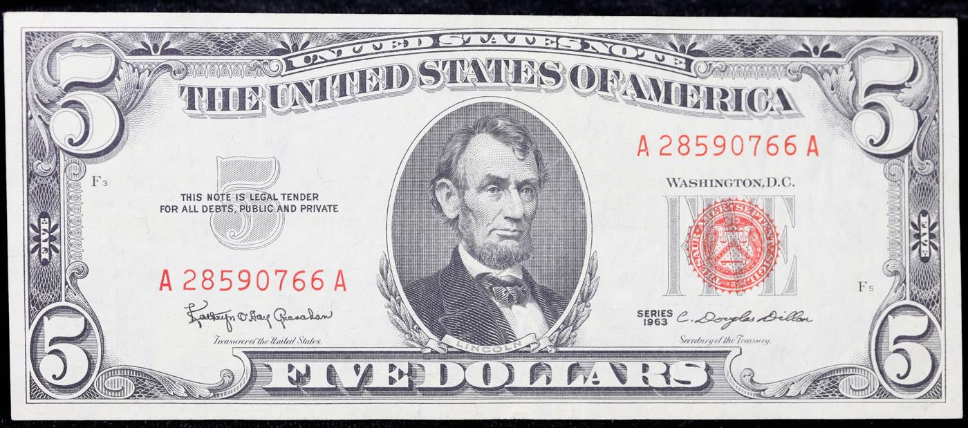 1963 Red Seal $5 Legal Tender Note Grades vf+