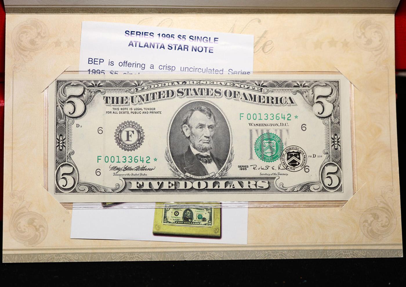 1995 $5 Federal Reserve Star Notes With Low Serials Gem+ CU in B.E.P Folder. FR-1985F*