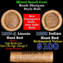 Mixed small cents 1c orig shotgun roll, 1917-d Wheat Cent, 1898 Indian Cent other end, Brinks Wrappe