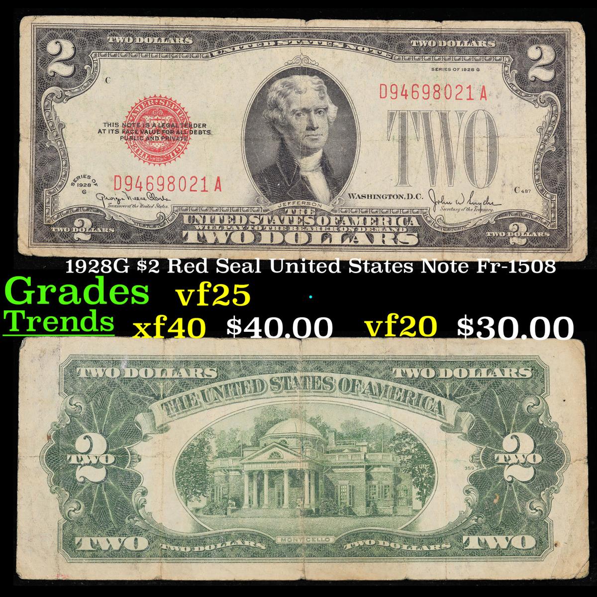 1928G $2 Red Seal United States Note Fr-1508 Grades vf+