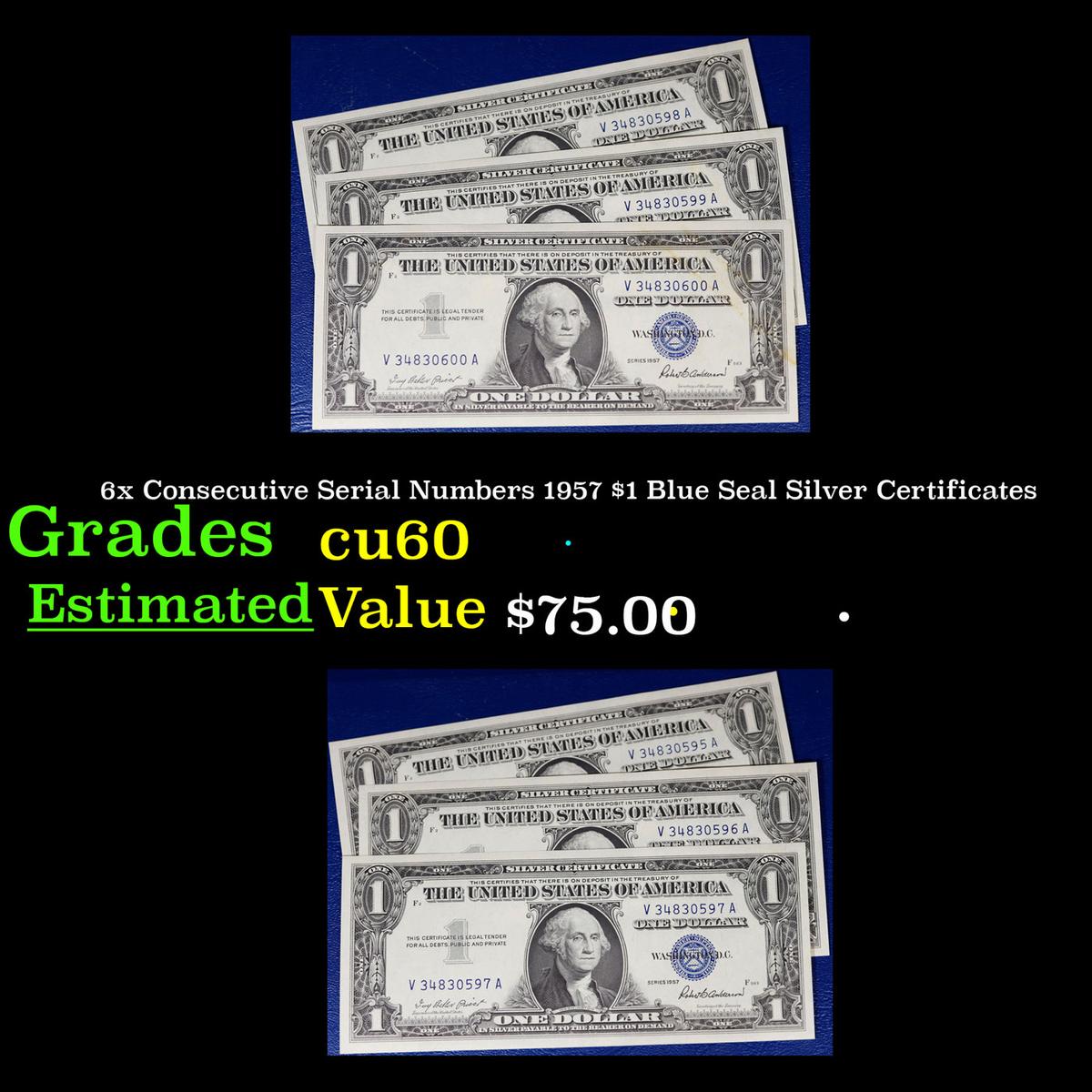 6x Consecutive Serial Numbers 1957 $1 Blue Seal Silver Certificates Grades cu