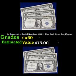 6x Consecutive Serial Numbers 1957 $1 Blue Seal Silver Certificates Grades cu