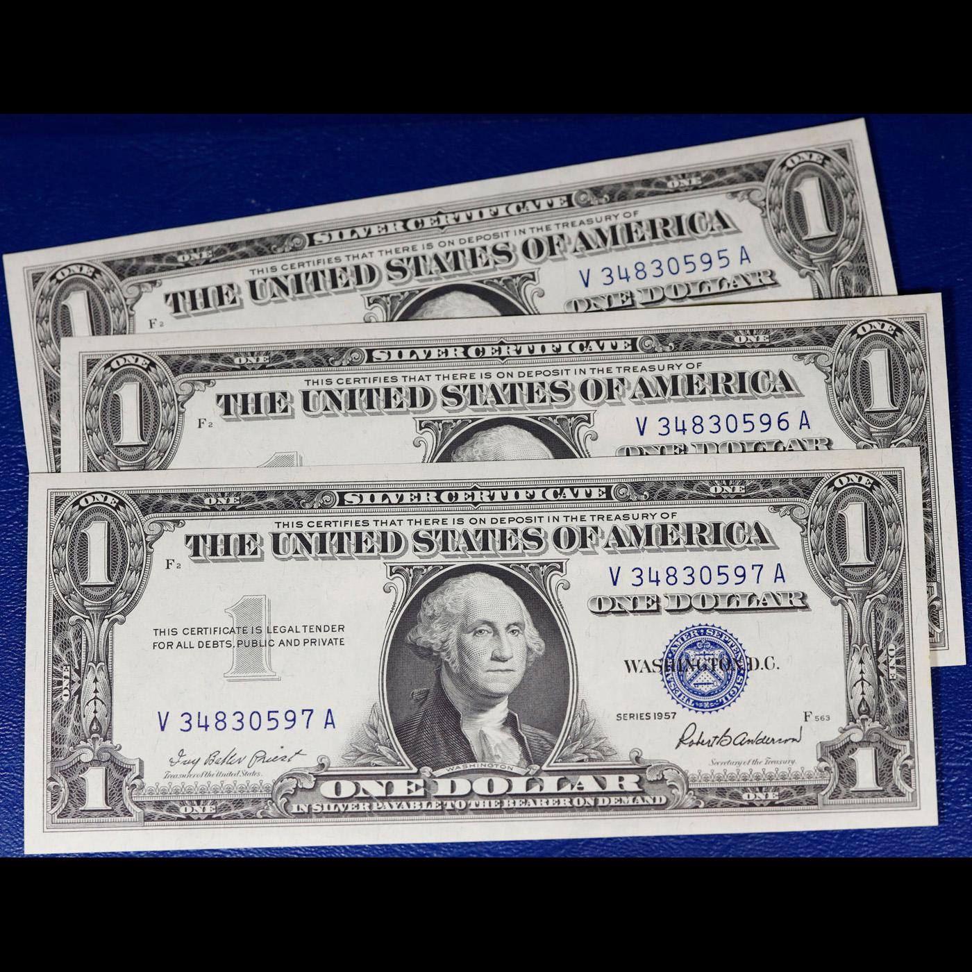 6x Consecutive Serial Numbers 1957 $1 Blue Seal Silver Certificates Grades cu