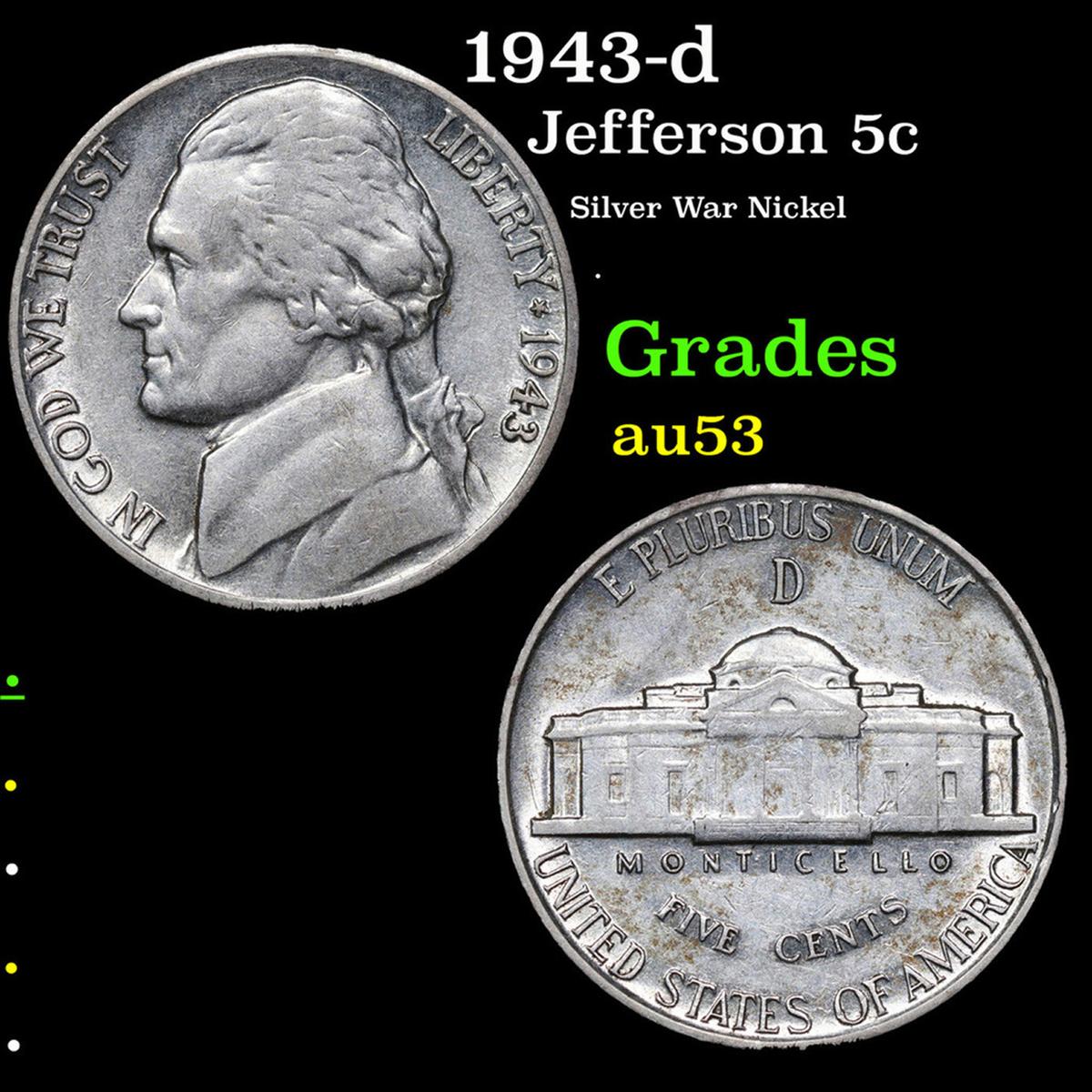 1943-d Jefferson Nickel 5c Grades Select AU