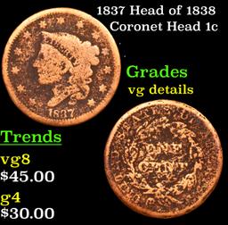 1837 Head of 1838 Coronet Head Large Cent 1c Grades vg details