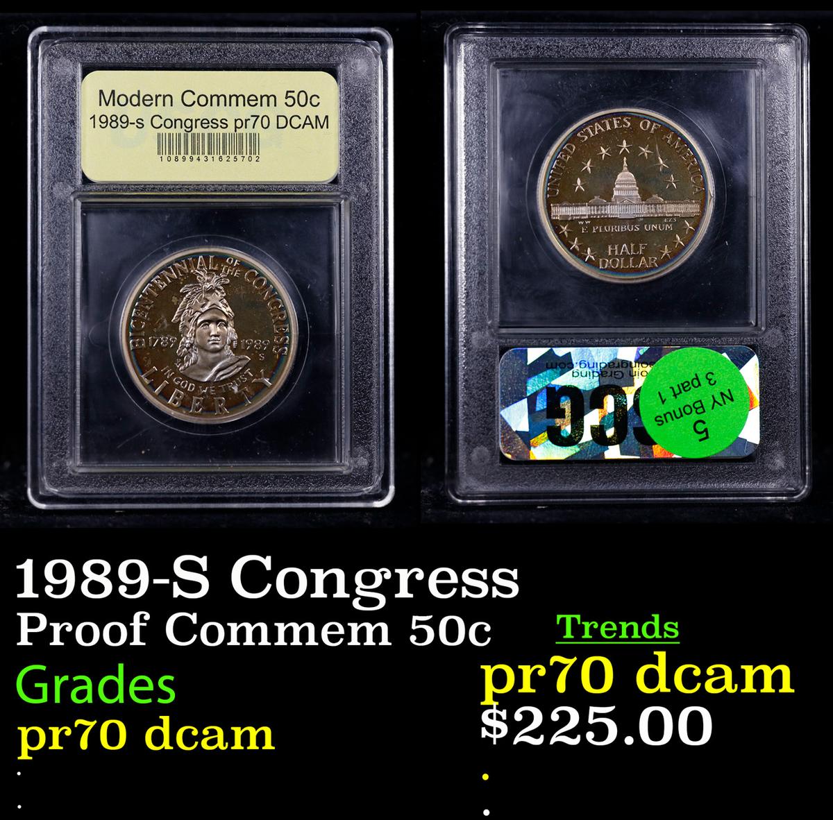 Proof 1989-S Congress Modern Commem Half Dollar 50c Graded GEM++ Proof Deep Cameo BY USCG