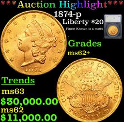 ***Auction Highlight*** 1874-p Gold Liberty Double Eagle $20 Graded ms62+ by SEGS (fc)