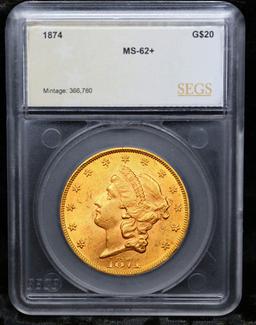 ***Auction Highlight*** 1874-p Gold Liberty Double Eagle $20 Graded ms62+ by SEGS (fc)