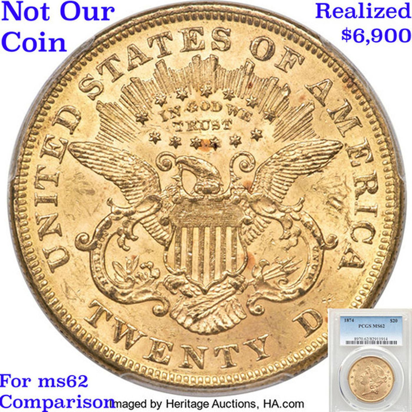 ***Auction Highlight*** 1874-p Gold Liberty Double Eagle $20 Graded ms62+ by SEGS (fc)