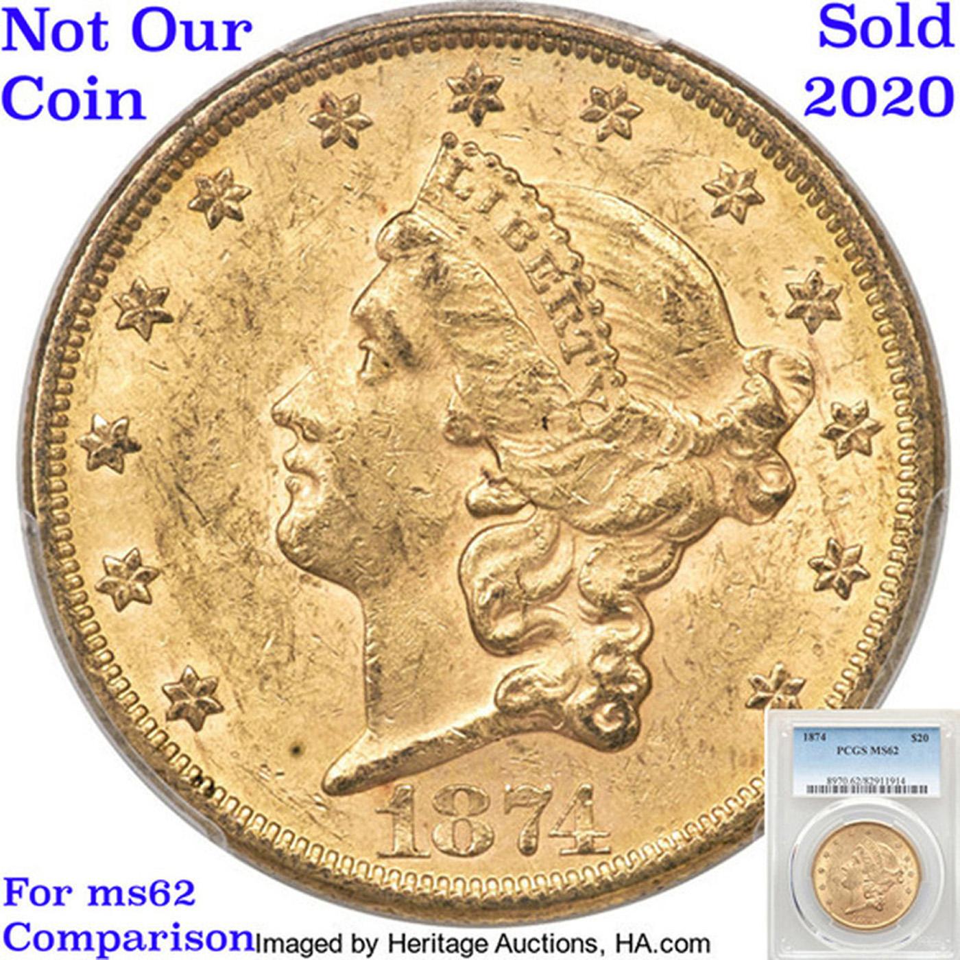 ***Auction Highlight*** 1874-p Gold Liberty Double Eagle $20 Graded ms62+ by SEGS (fc)