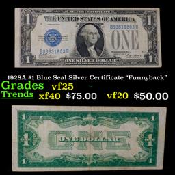 1928A $1 Blue Seal Silver Certificate "Funnyback" Grades vf+