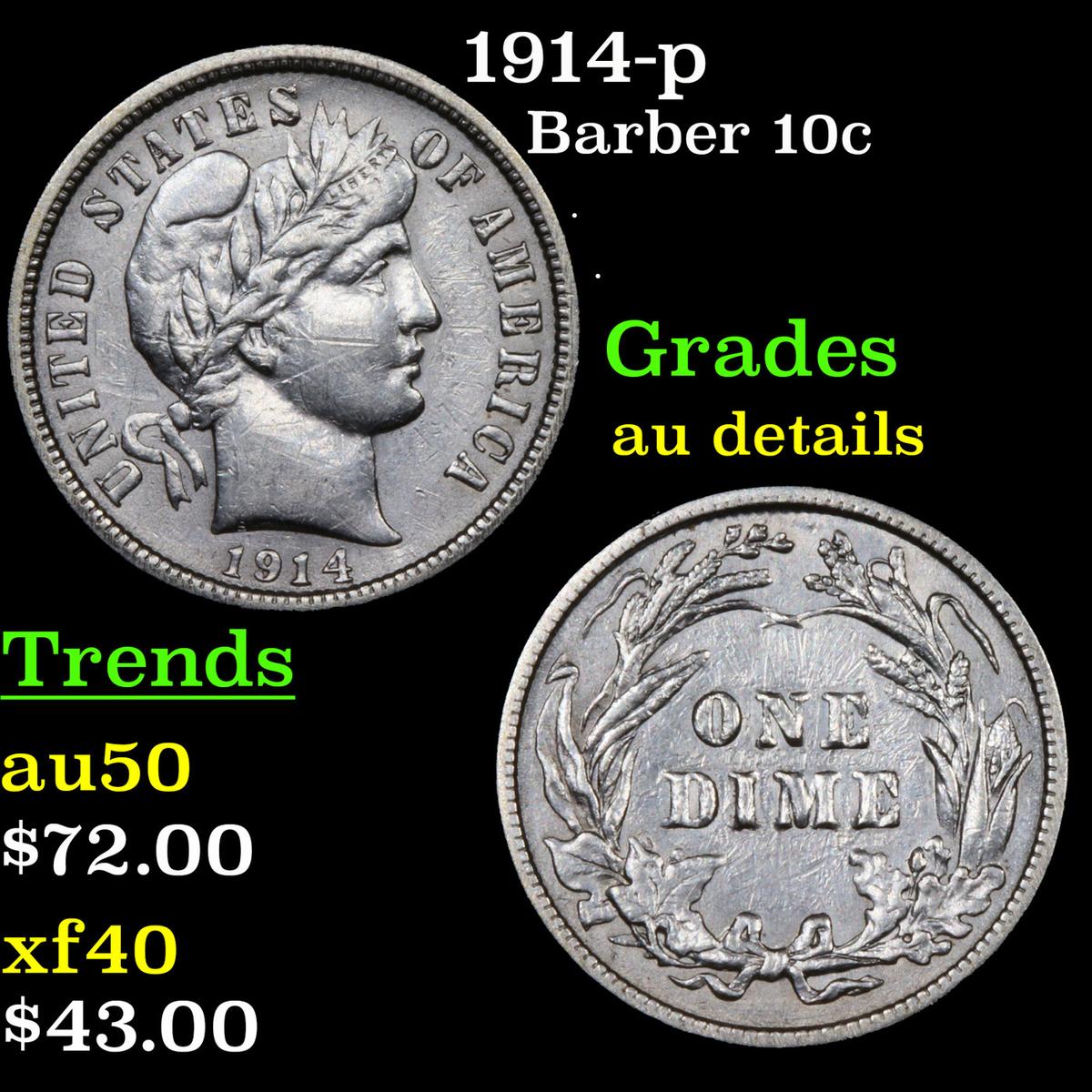 1914-p Barber Dime 10c Grades AU Details