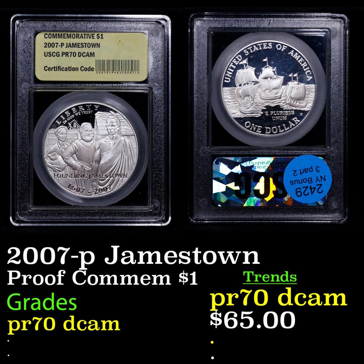 Proof 2007-p Jamestown Modern Commem Dollar $1 Graded GEM++ Proof Deep Cameo BY USCG