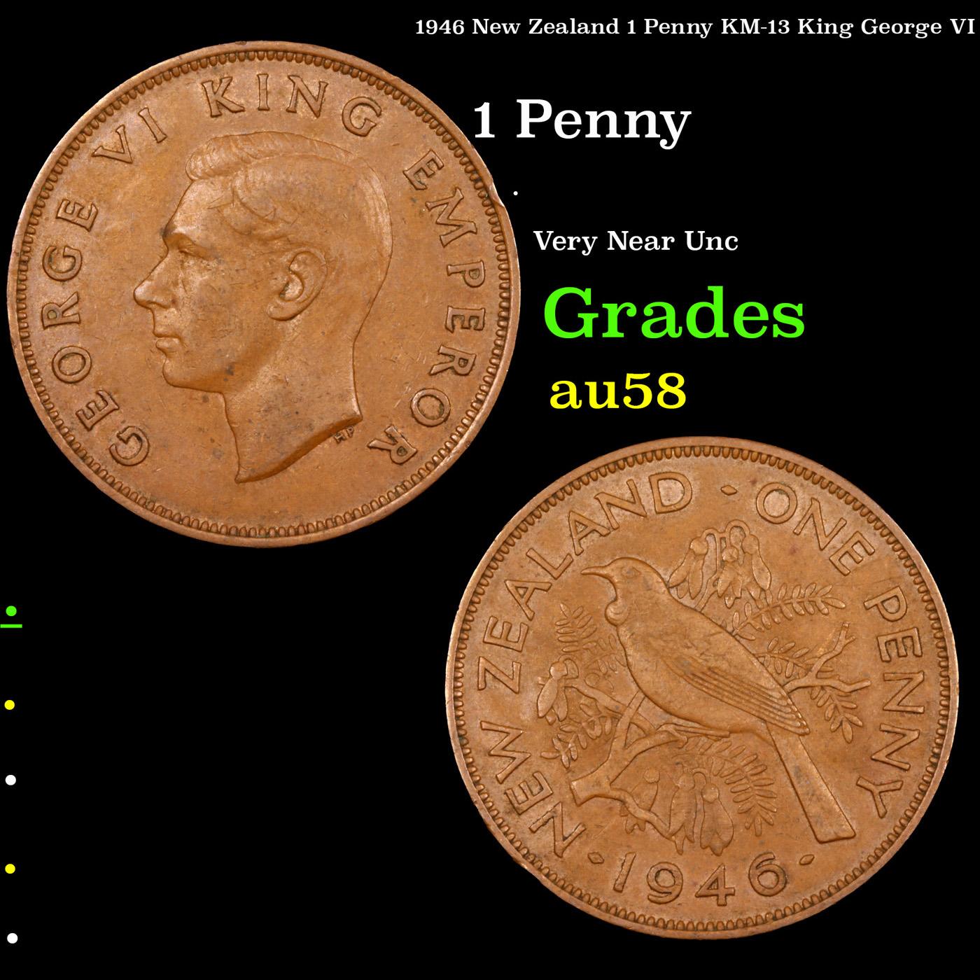 1946 New Zealand 1 Penny KM-13 King George VI Grades Choice AU/BU Slider