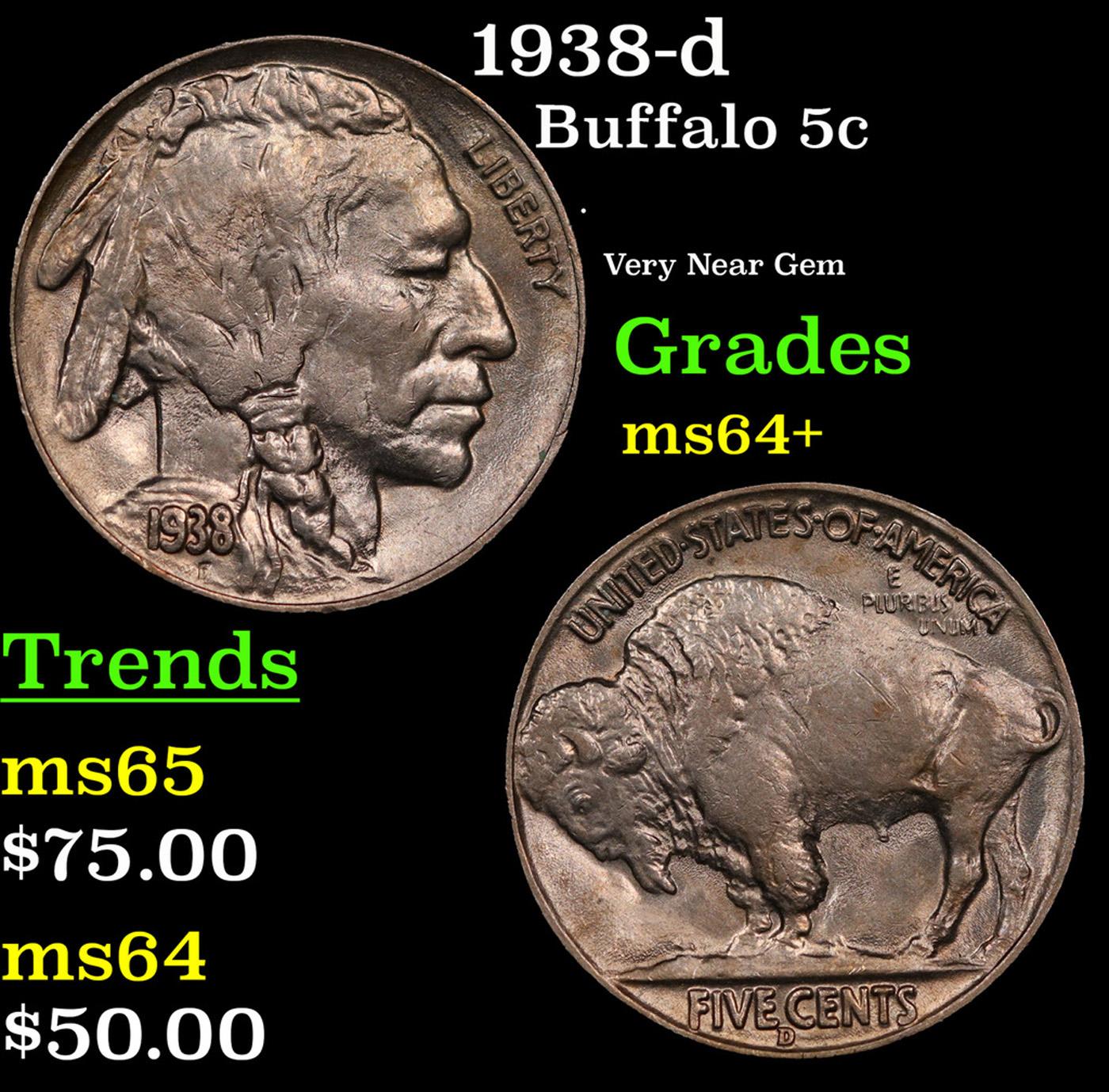 1938-d Buffalo Nickel 5c Grades Choice+ Unc