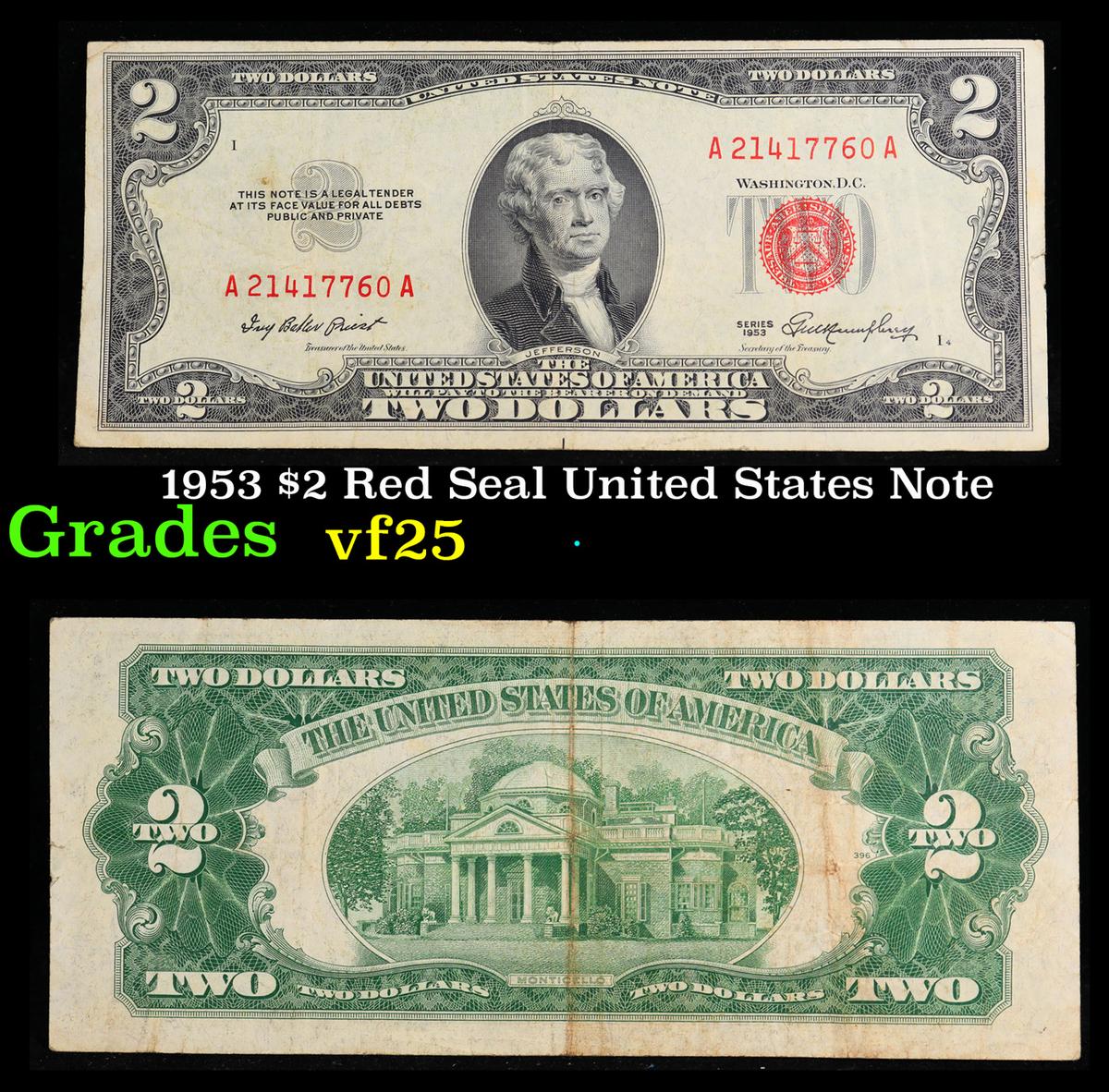 1953 $2 Red Seal United States Note Grades vf+