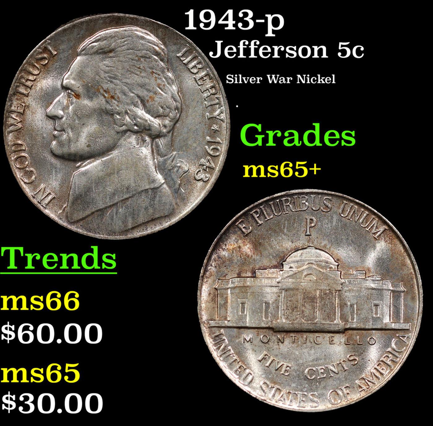 1943-p Jefferson Nickel 5c Grades GEM+ Unc