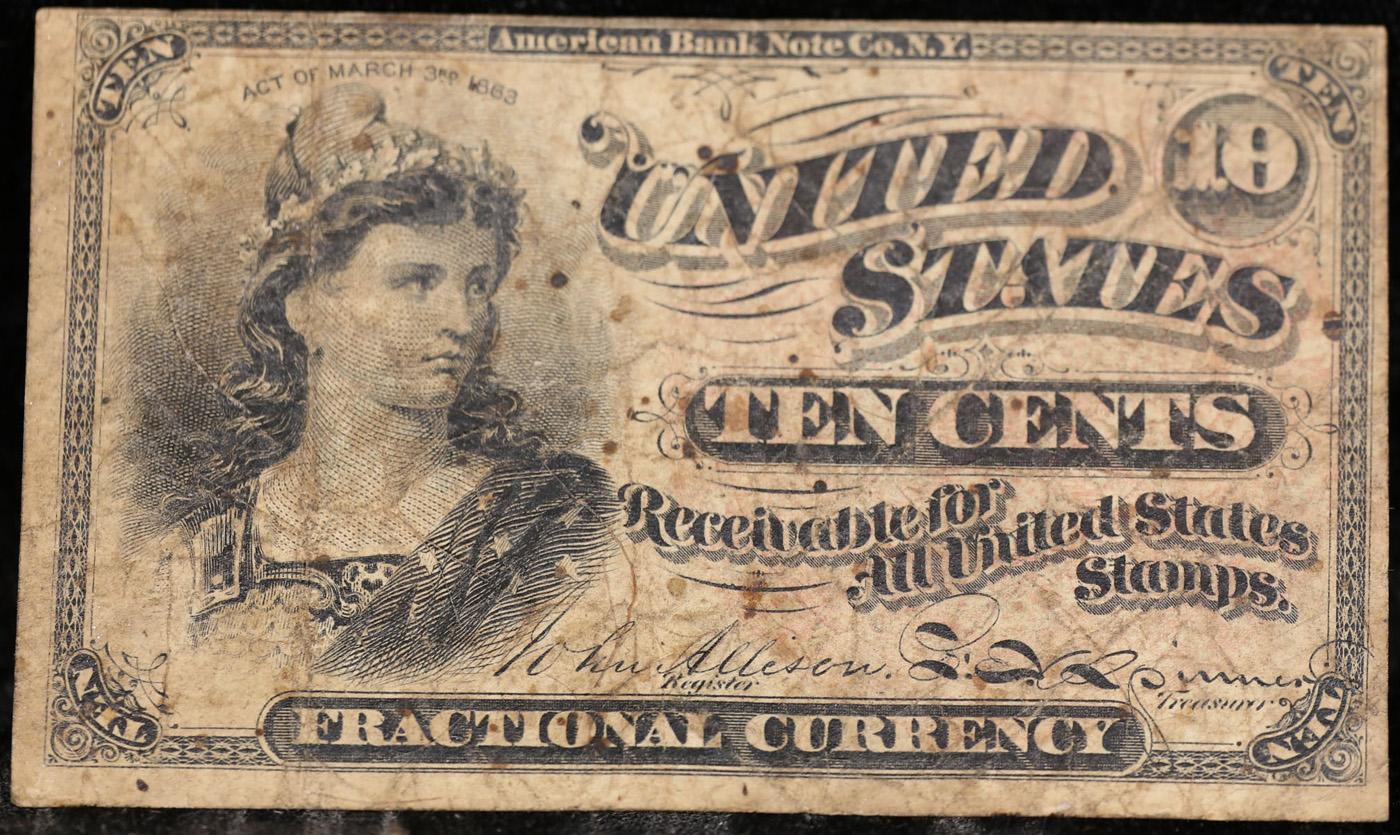1870's US Fractional Currency 10¢ Fourth Issue Fr-1259 40MM Large Red Seal Grades f+